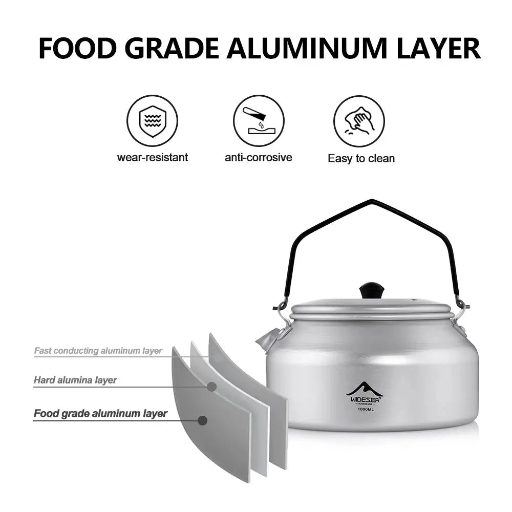 Widesea 1L Pure Aluminum Camping Kettle Portable Short Mouth Design With Removable Handle For Quick Boiling Outdoors