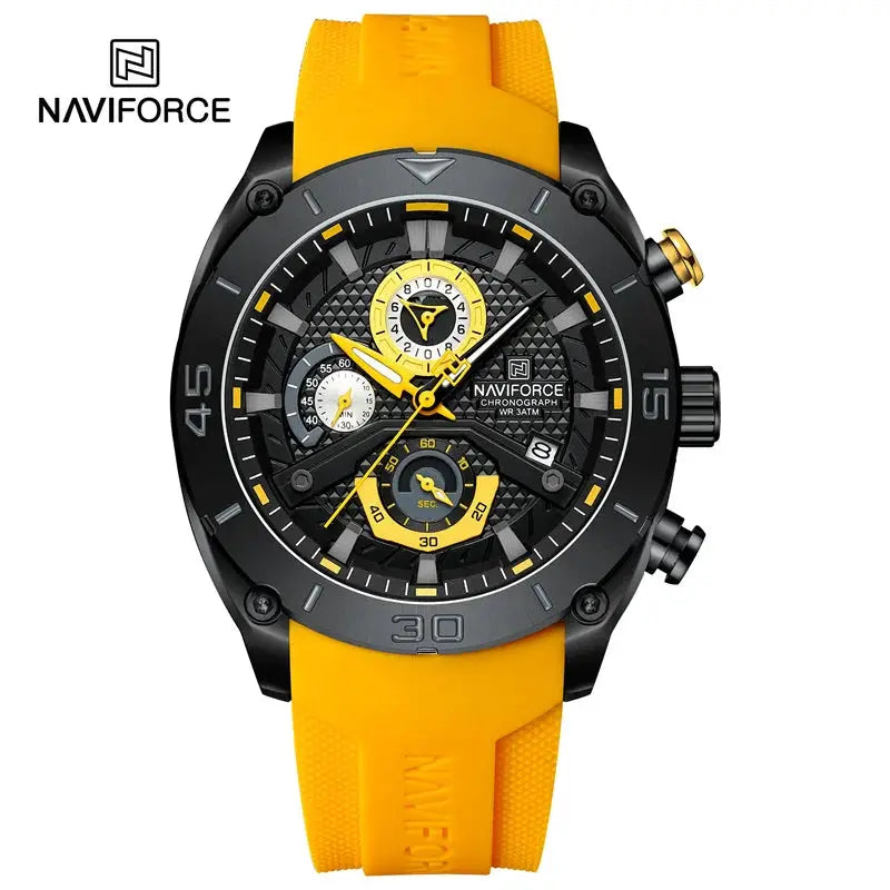 NAVIFORCE sport watch for men with yellow silicone strap, black case, chronograph, luminous dial