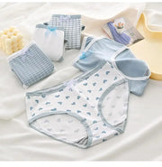 5pc women's cotton panties set by Simples Market; pastel blue/white hearts and plaid prints with lace trim and bows