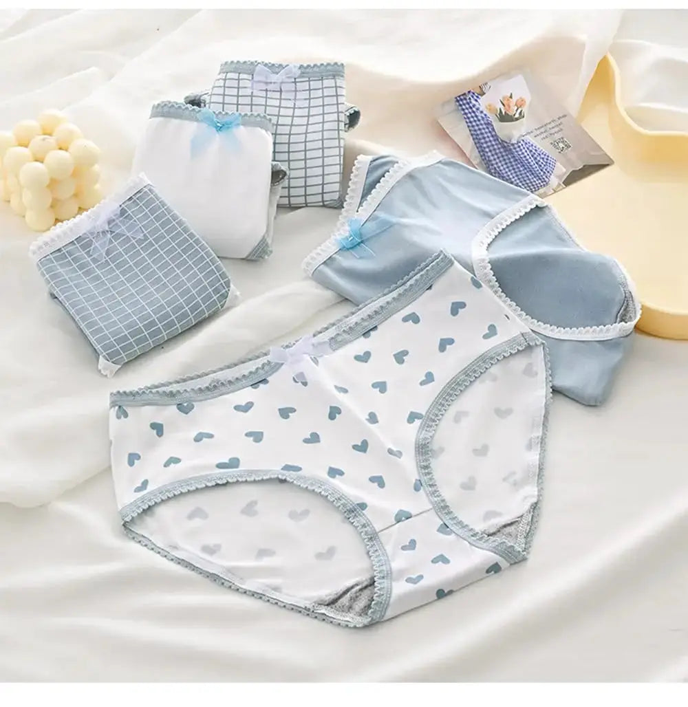 5pc women's cotton panties set by Simples Market; pastel blue/white hearts and plaid prints with lace trim and bows