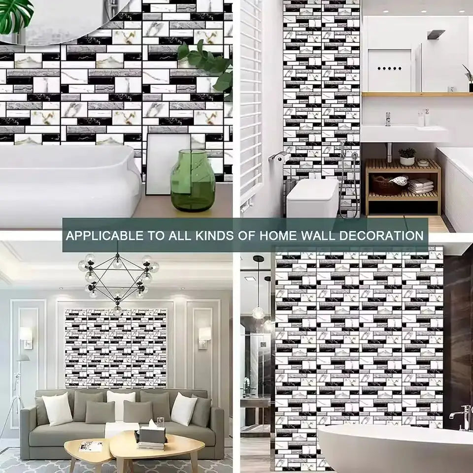 Simples Market self-adhesive 3D PVC tile wall stickers (5/10 pcs), black-white marble brick pattern for kitchen and bathroom