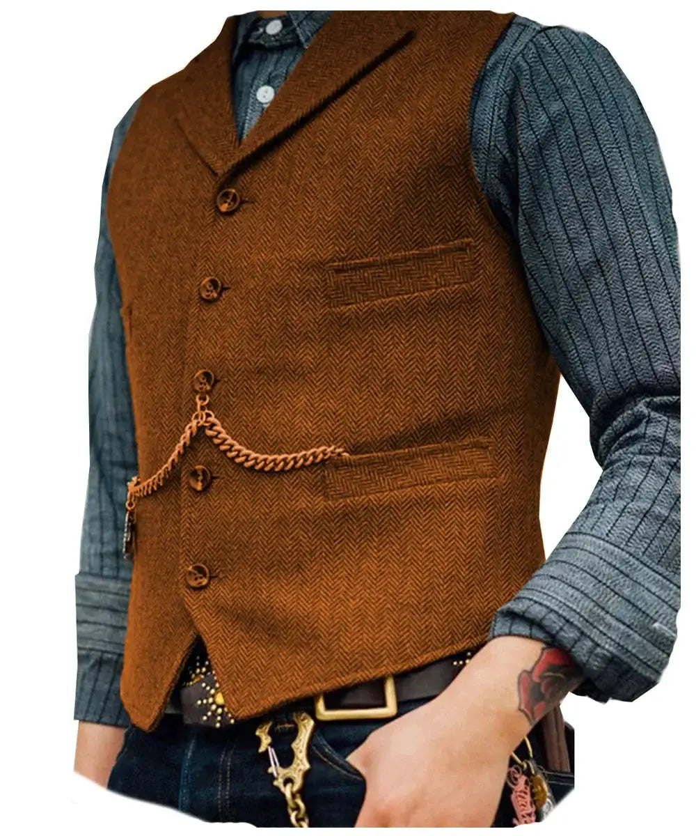 Wool tweed men's waistcoat vest by Simples Market in brown with chain detail over a blue striped shirt.