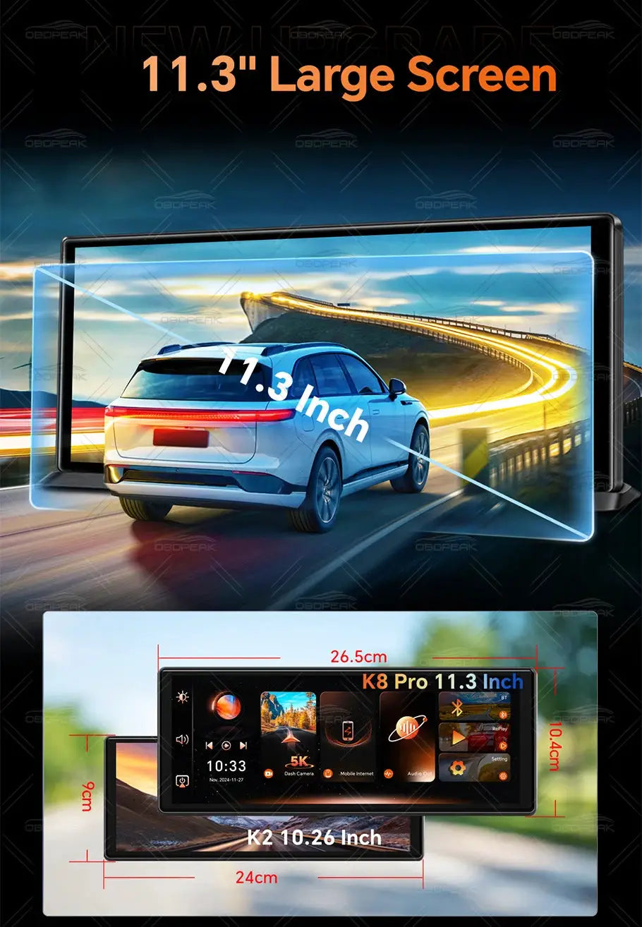 OBDPEAK K8 Pro dash cam with 11.3-inch touchscreen, front 5K, rear 1080p, GPS navigation, CarPlay & Android Auto