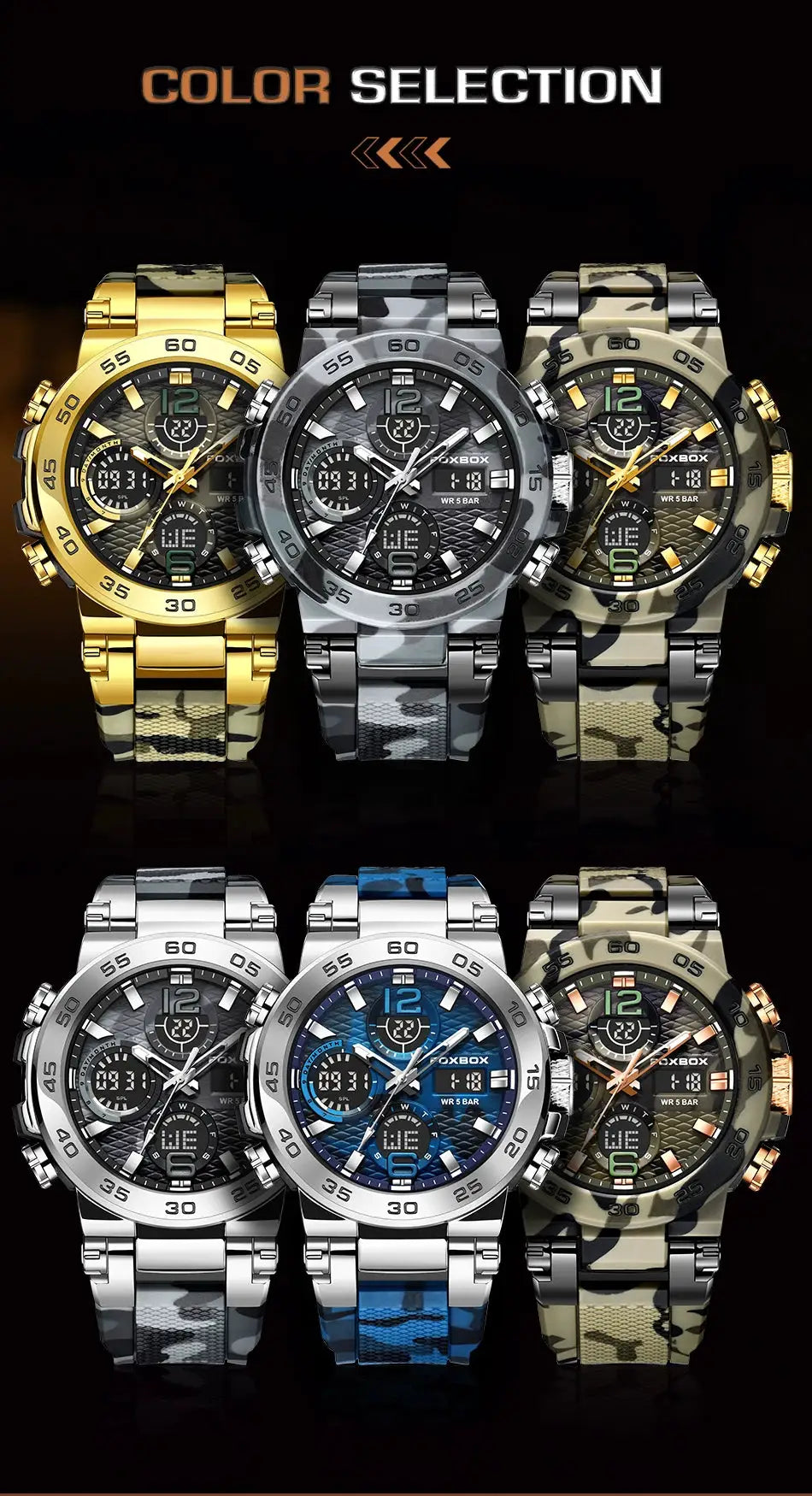 LIGE electronic men's LED wristwatch collection: six watches in gold, silver, blue and camo finishes
