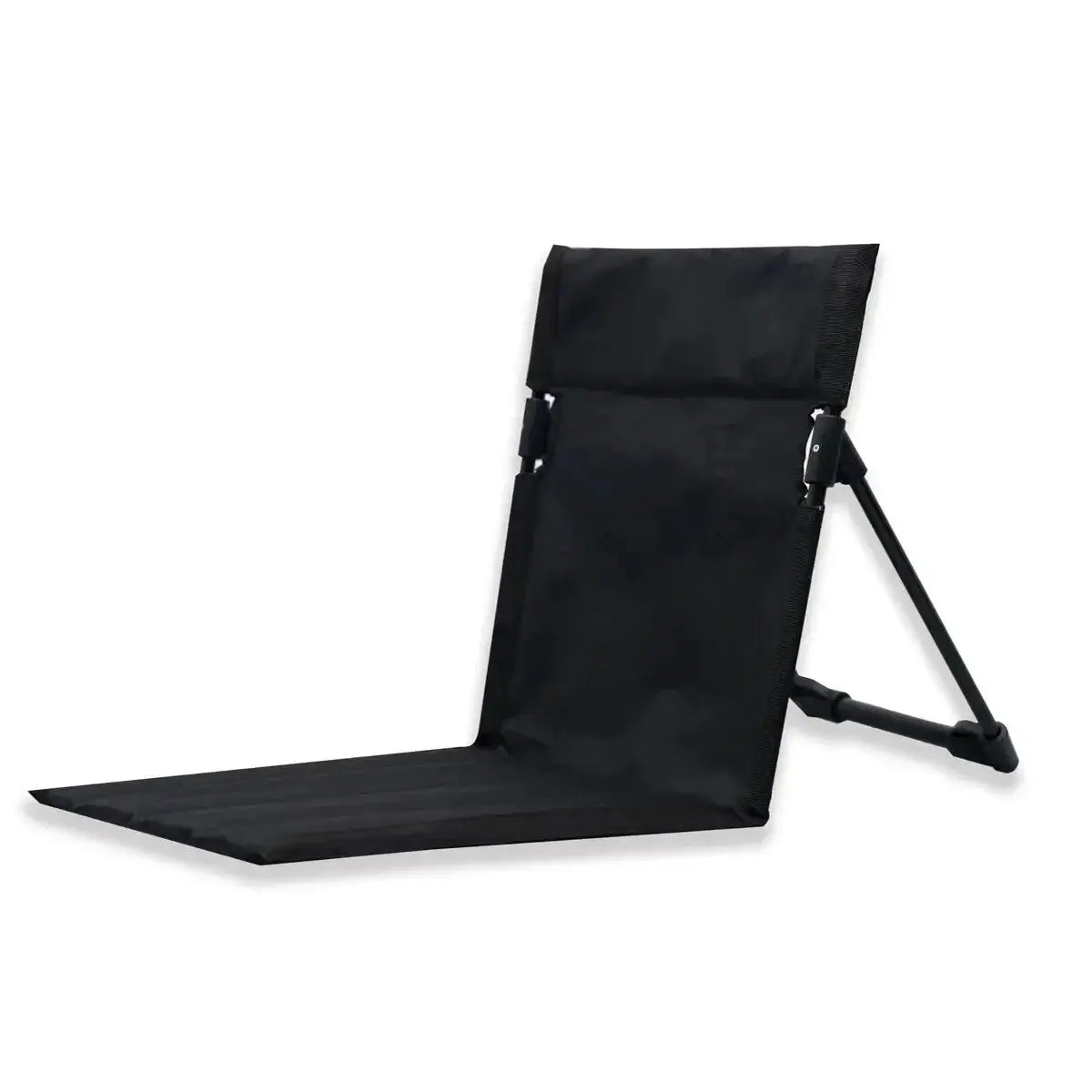Foldable camping chair with backrest cushion in black fabric and metal frame