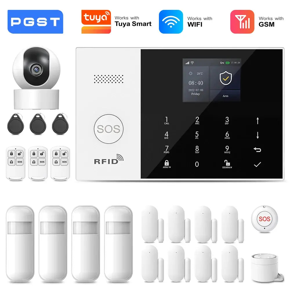 PGST WiFi 2G GSM home alarm system kit with touchscreen panel, camera, door/window sensors, PIR motion sensors, remotes.