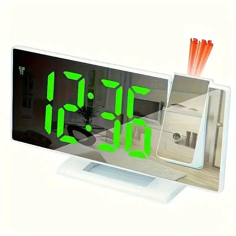 Projection alarm clock by Simples Market, white bedside clock with large green LED digits.