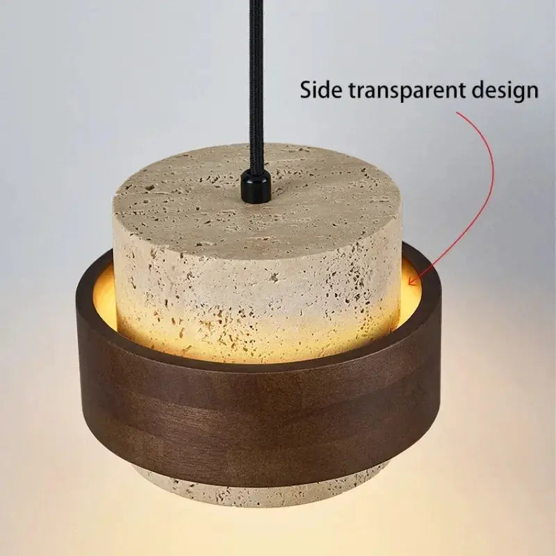 Led pendant lamp with stone cylinder and walnut wood ring, warm ambient lighting
