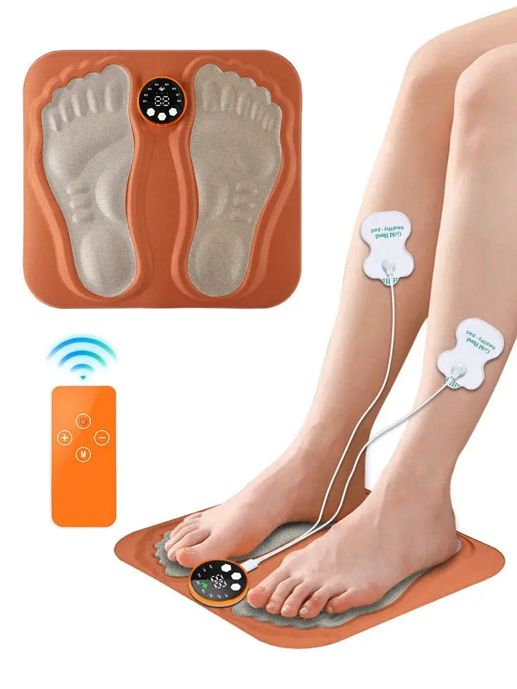 Foot massager pad set with two orange foot pads, wireless remote, and leg electrode patches
