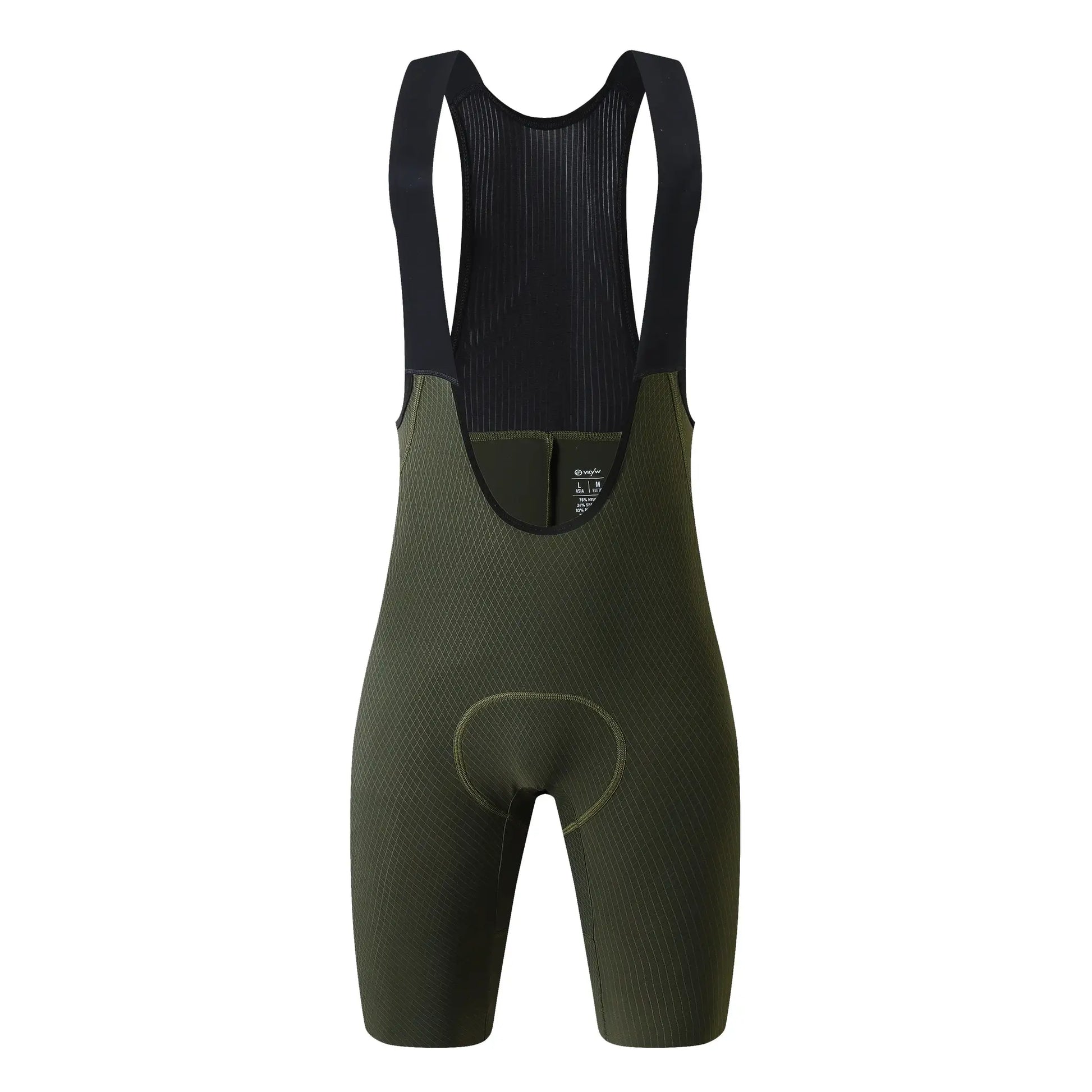 Men's cycling bib shorts with shoulder straps, black and olive panels, padded for long rides.