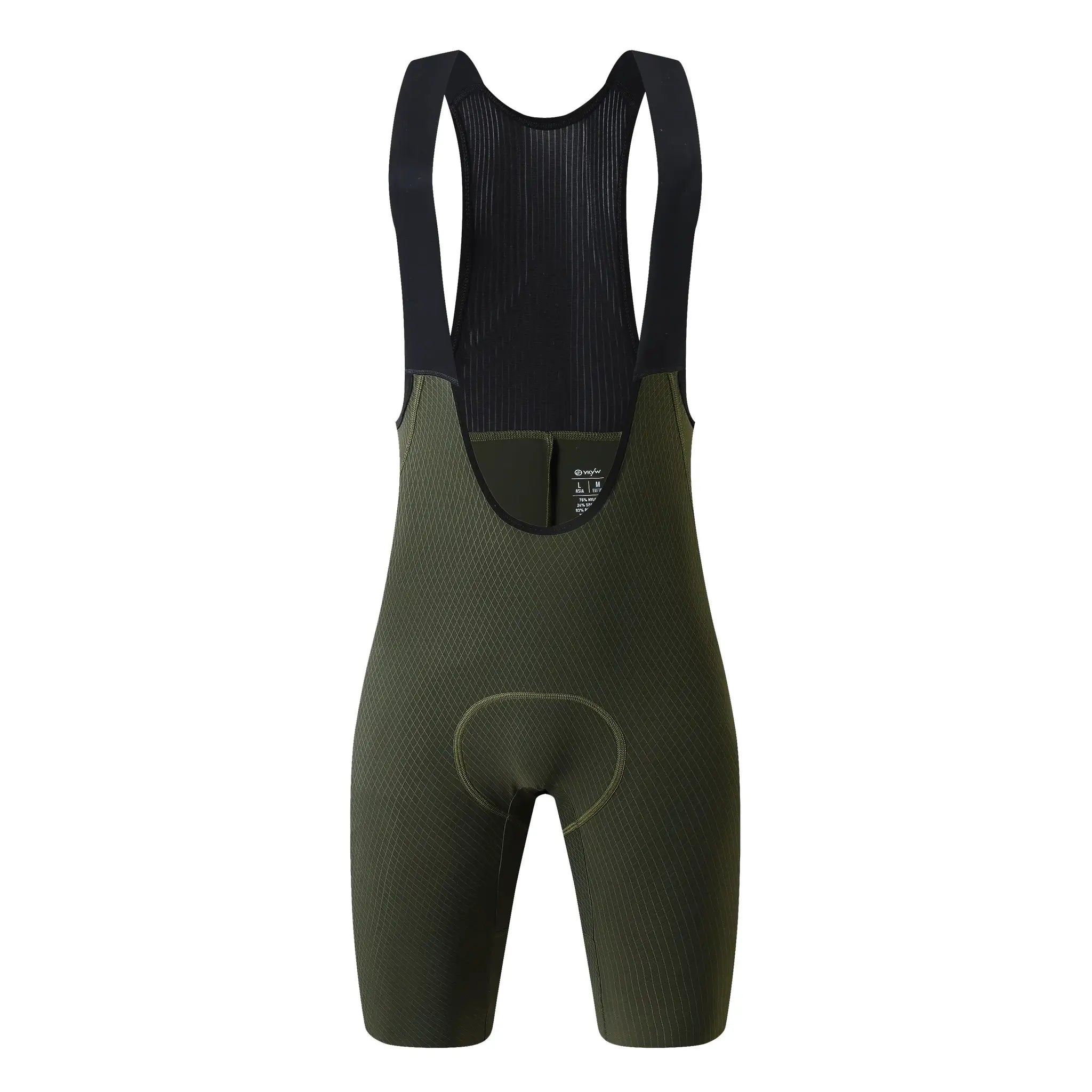 Men's cycling bib shorts with shoulder straps, black and olive panels, padded for long rides.