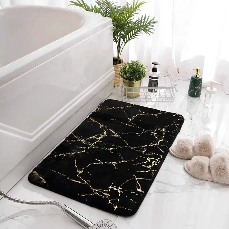 MarbleLux Marble Bathroom Rug Nonslip Black Gold With Soft Faux Rabbit Fur Surface And Eco Friendly Backing