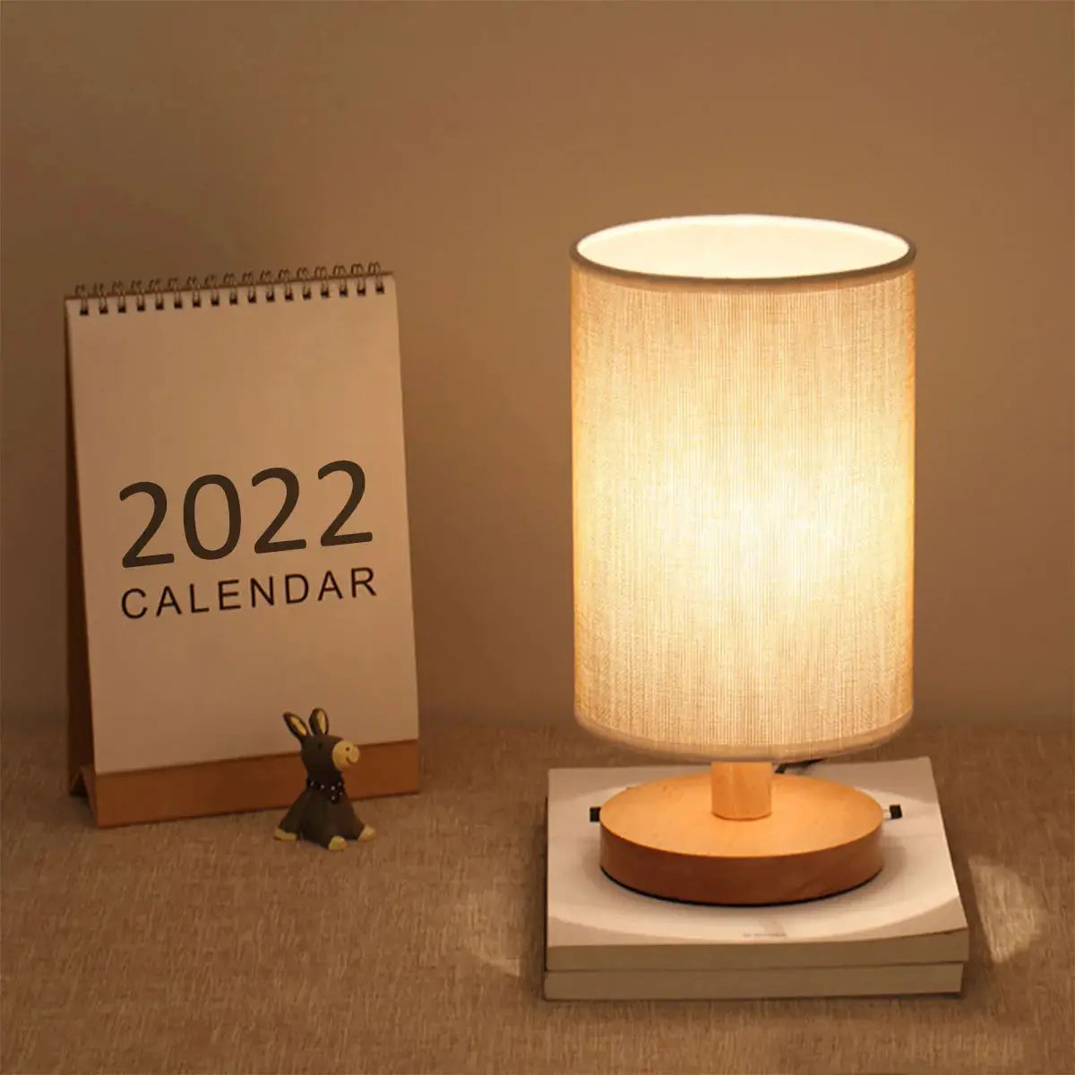 WoodCraft USB Bedside Lamp With Warm Wood Finish And Cylinder Linen Shade For Eye Friendly Lighting