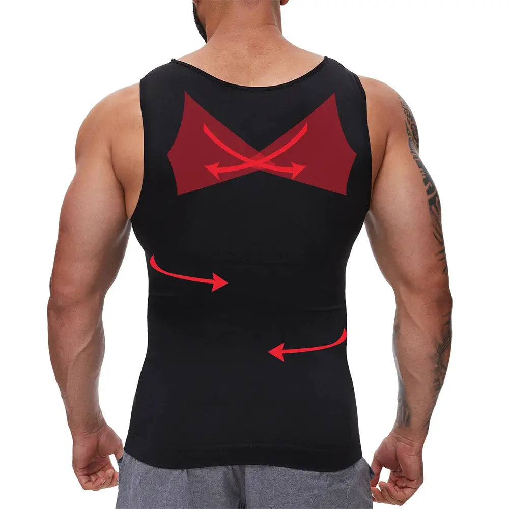 Men's black round-neck high-compression body shaper tank top with red back arrows
