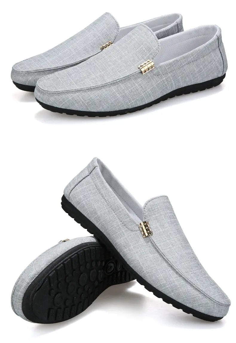 Men canvas slip-on loafers by Simples Market, grey, gold-tone hardware, black sole, pair