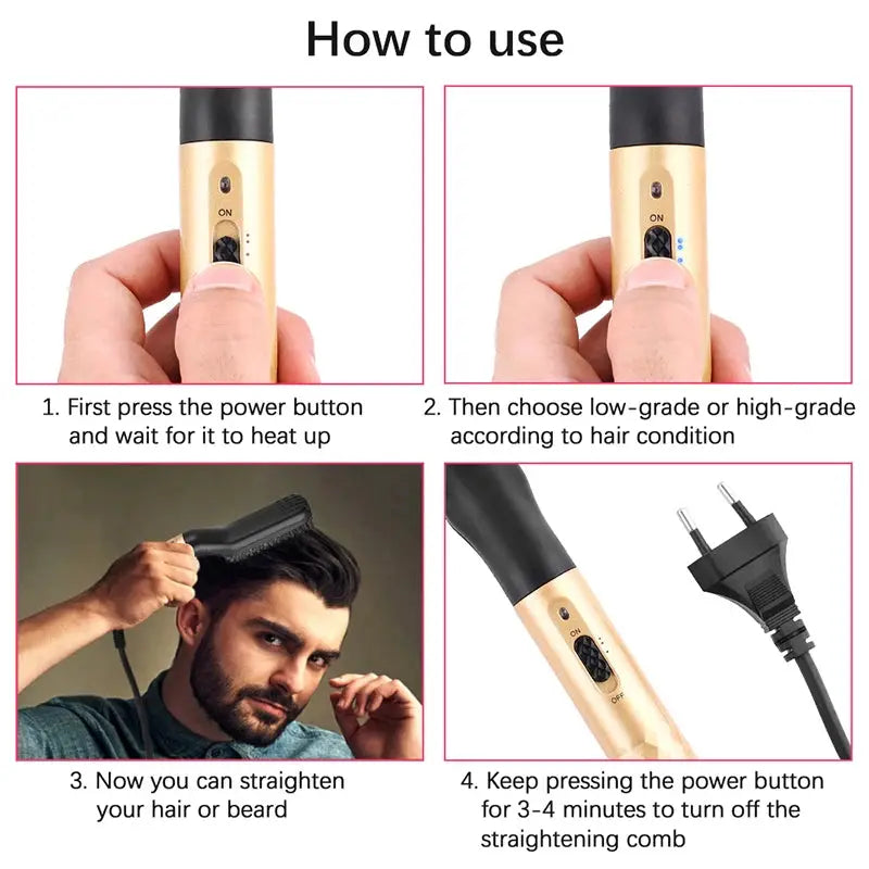 Electric hot comb straightener beard care brush by Simples Market in gold with anti-scald design