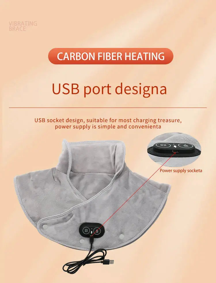 Simples Market electric heating neck wrap in gray fabric with USB cord, control panel, and 3 heat settings.
