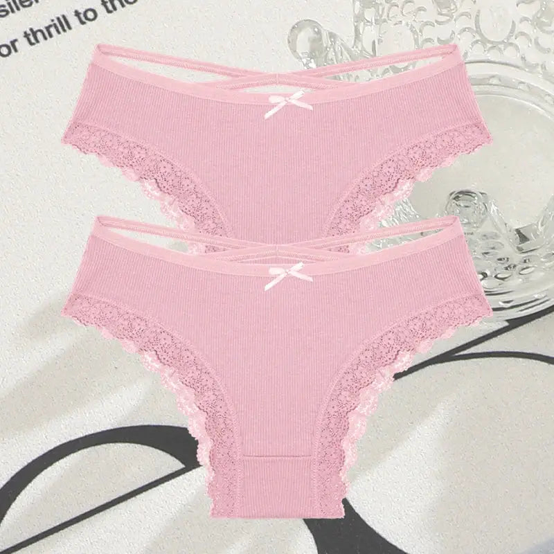 2-pack pink cotton panties with lace trim and bow, Simples Market low-rise Brazilian briefs