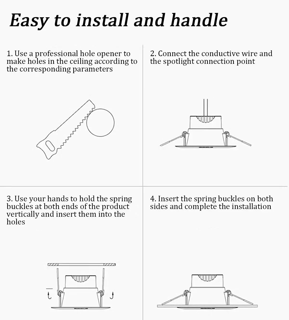 Simples Market LED ceiling spotlight installation guide with 4 steps and 90° adjustable embedded light