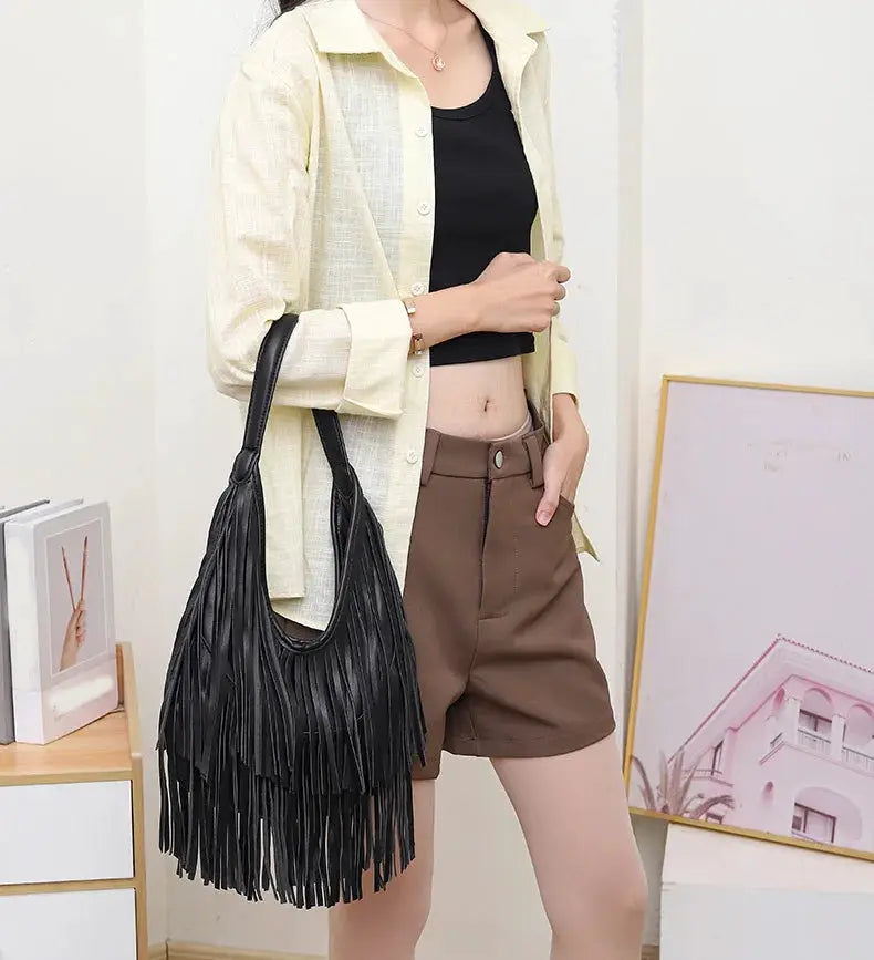 Long tassel handbag for women, black soft PU leather fringe shoulder bag by Simples Market