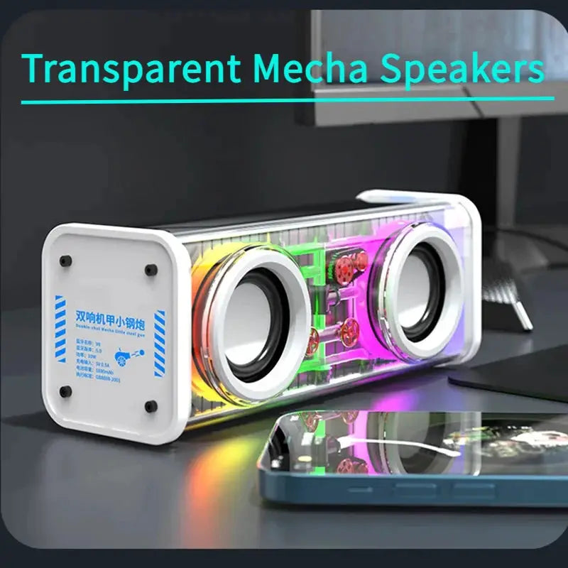 V8 Transparent Mecha Bluetooth Speakers by Simples Market with dual circular drivers and RGB lighting
