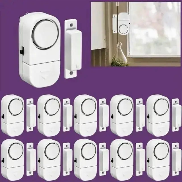 Door and Window Alarm Sensor Set, white wireless magnetic sensors; multiple units displayed