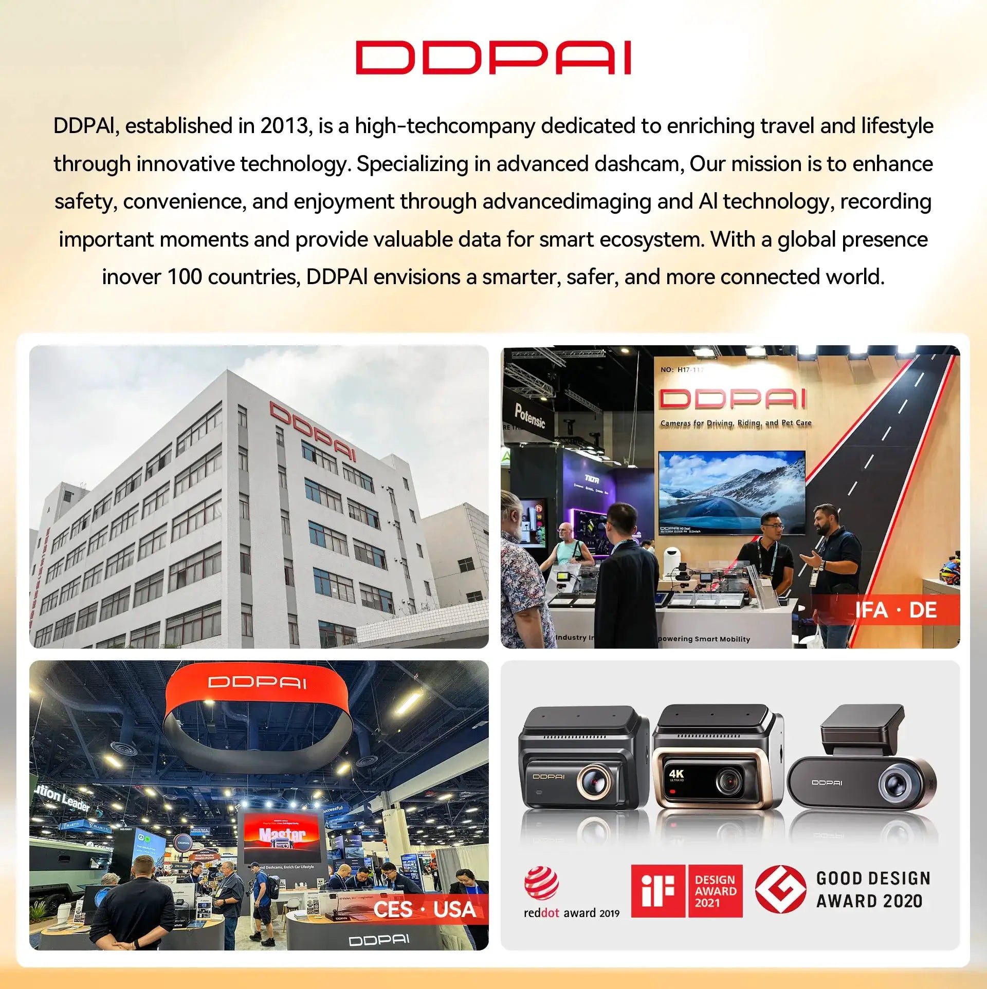 Pictrey A400 4K dash cam on display at a DDPAI booth, showcasing a lineup of dash cameras