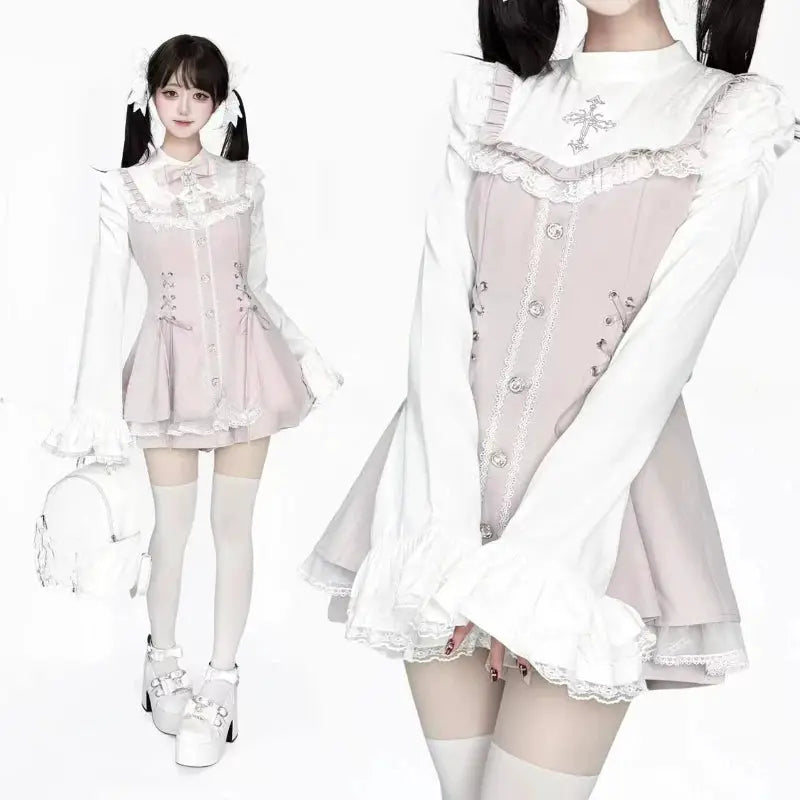 Y2K Lolita Bow Dress Shorts Set Gothic Lace Flare Sleeve Shirt Dress