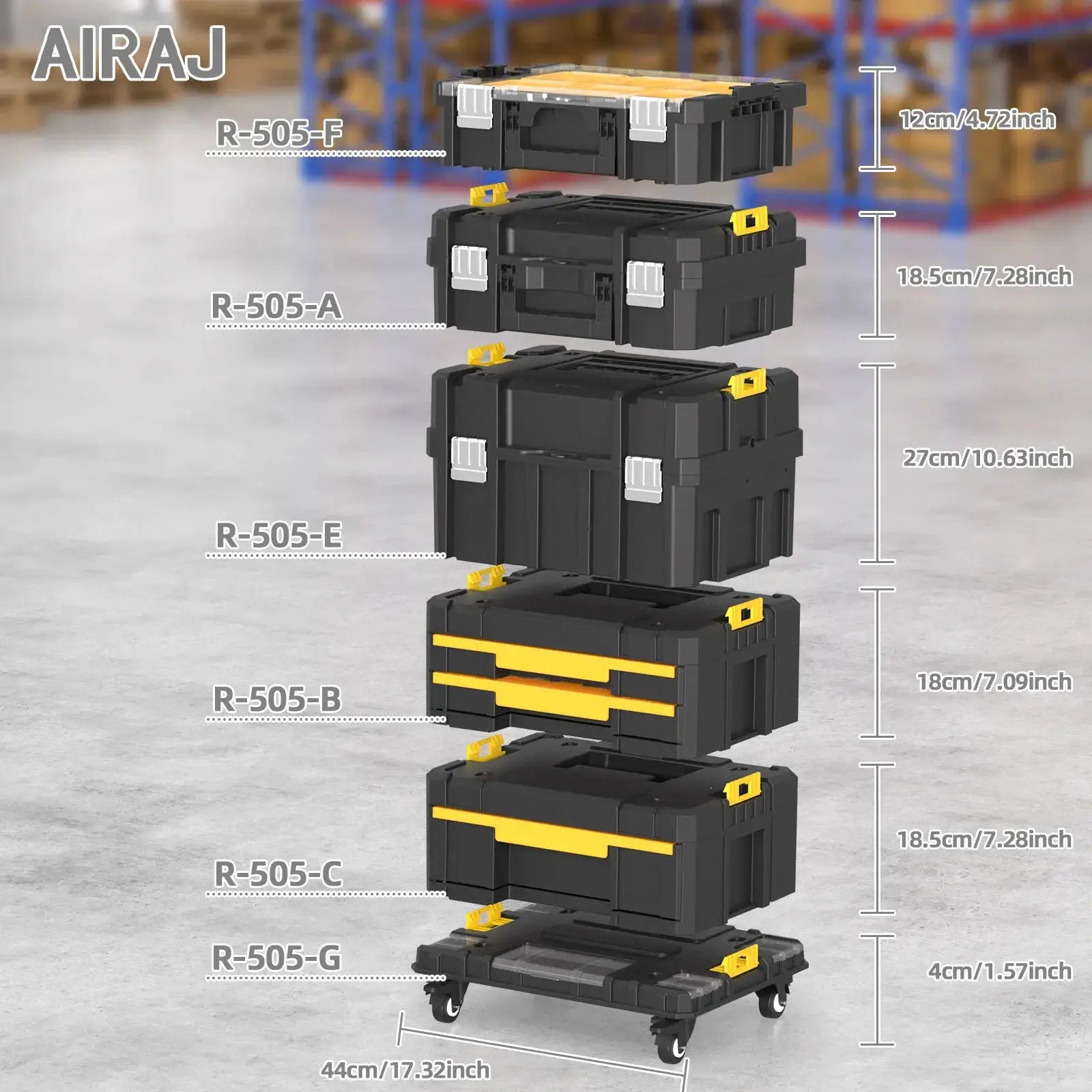 AIRAJ stackable modular toolbox set with wheels; five black tool chests with yellow latches by Simples Market