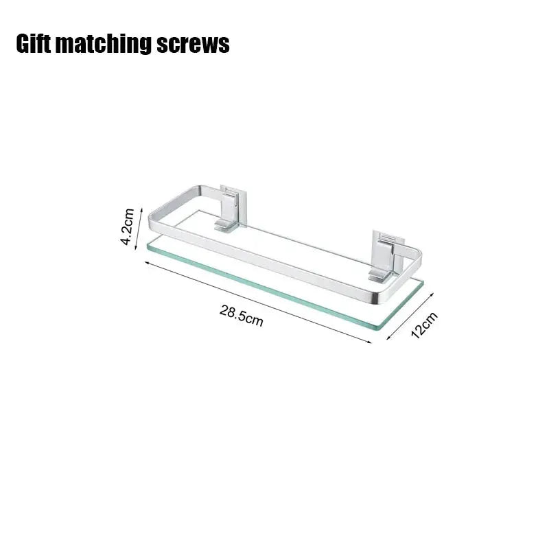 Glass bathroom shelf organizer with chrome frame and wall brackets for shower storage, 28.5 cm long, 12 cm deep.