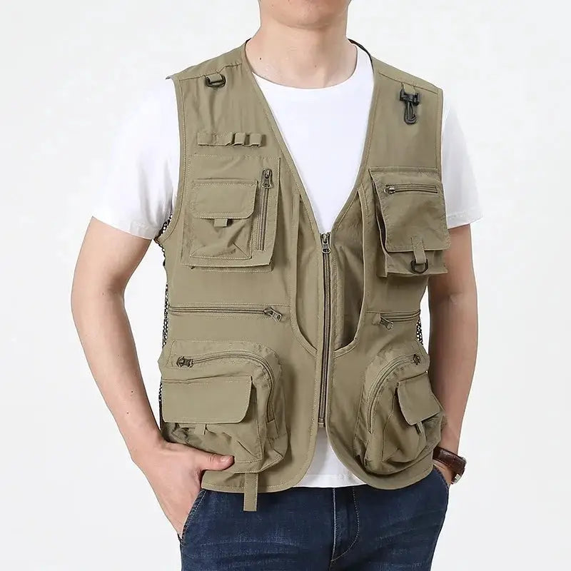 Multipocket quick-dry mesh fishing vest with multiple pockets, tan outdoor tactical sleeveless vest