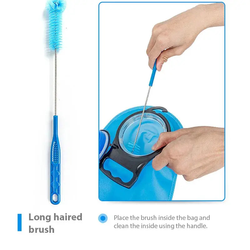 Hydration Water Bladder Cleaning Kit by Simples Market with blue long-bristled brush for cleaning water bladders