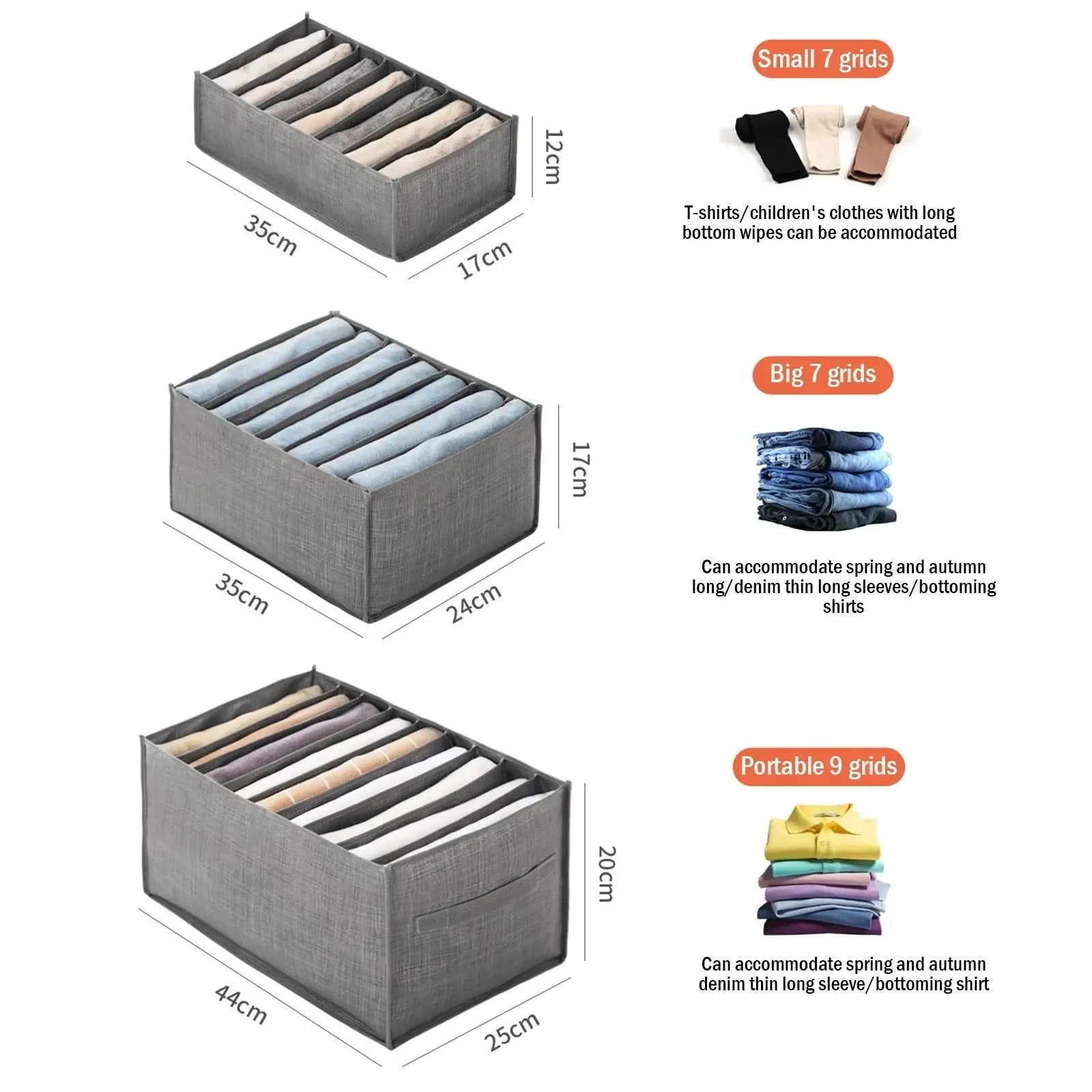 Grey fabric clothes organizer box set by Simples Market; 3 storage boxes for wardrobe with multiple grid compartments.
