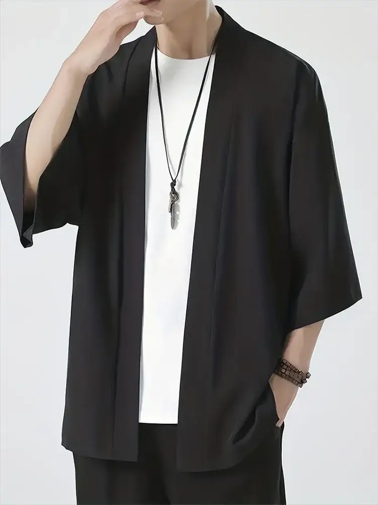 Men's black kimono cardigan by Simples Market, open-front, 3/4 sleeves, lightweight yukata-style outerwear