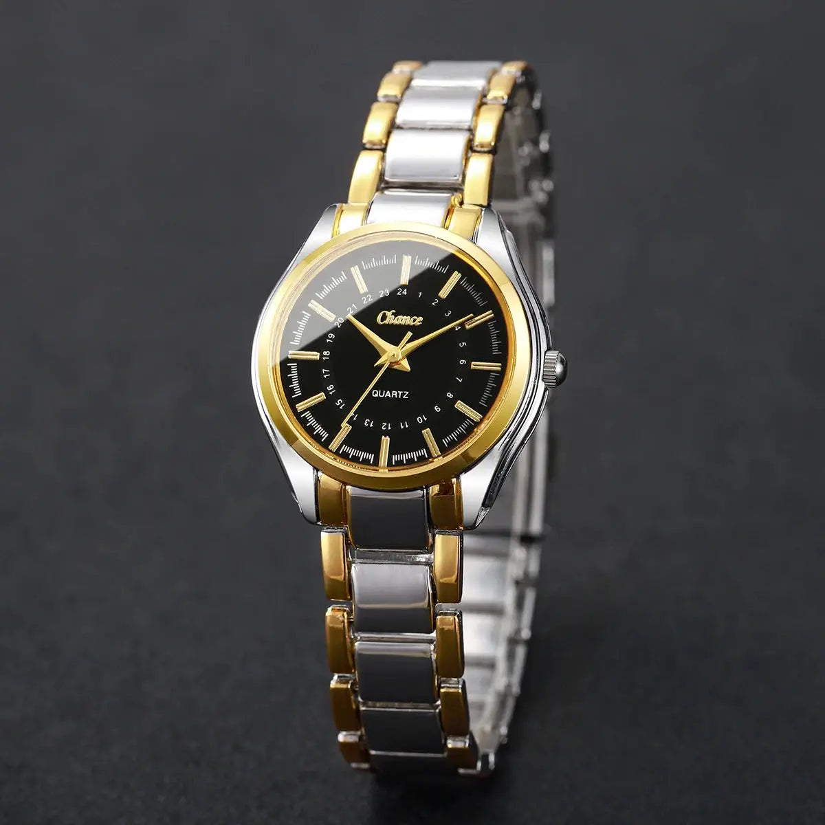 Women's wristwatch, two-tone gold and silver quartz with black dial by Simples Market
