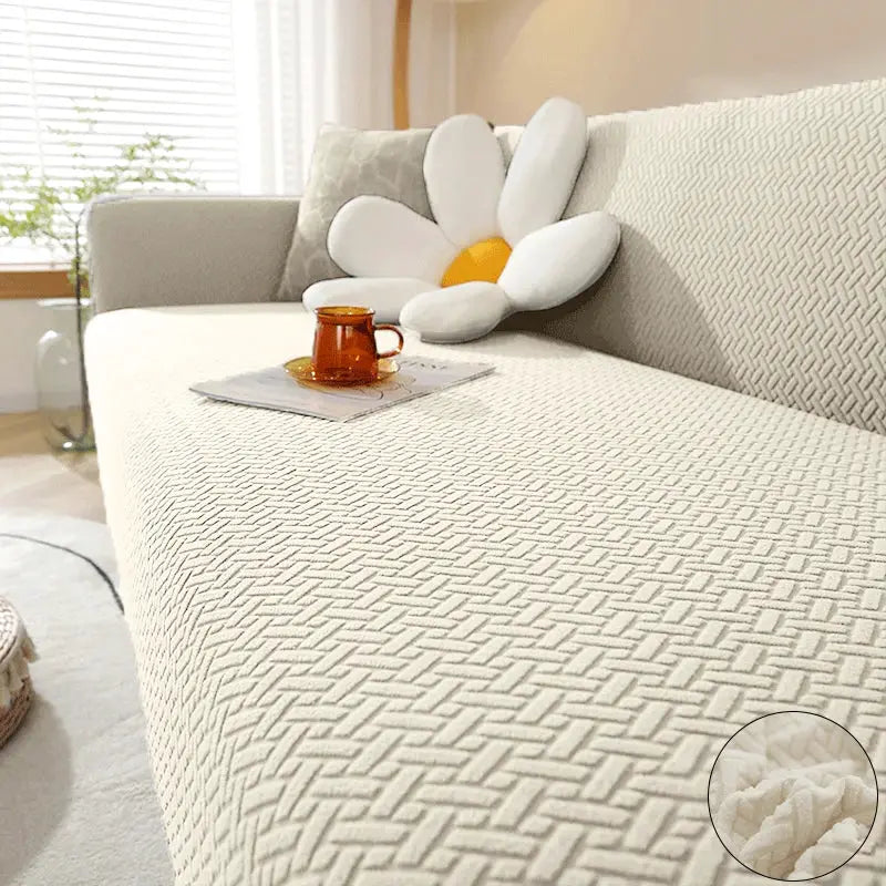 Jacquard elastic sofa cover in beige polar fleece for L-shaped sofas