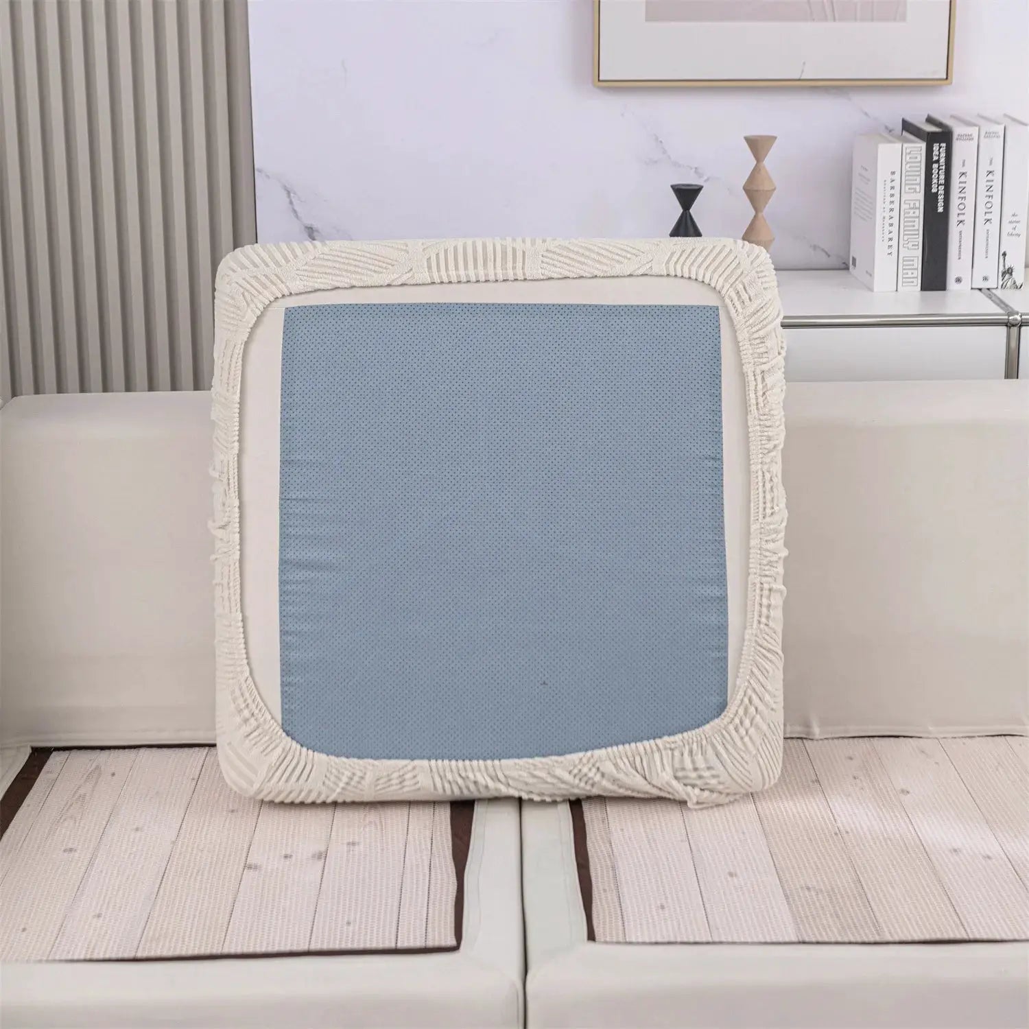 Sofa cover 1Piece Peism jacquard stretch with blue perforated cushion panel and cream knitted border, Simples Market