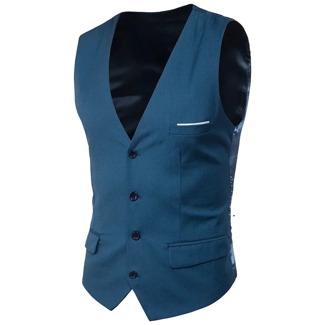 Men's teal blue suit vest waistcoat with front buttons, chest pocket with white trim, and two lower pockets