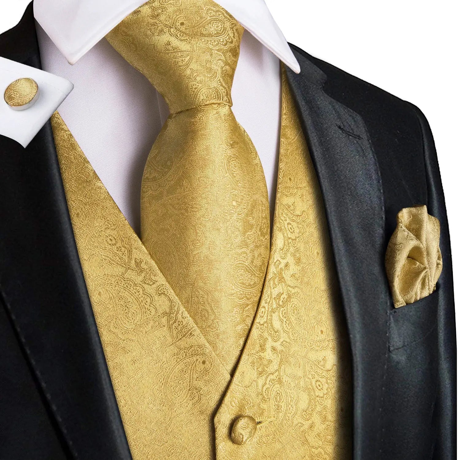Men's gold paisley waistcoat and tie set with pocket square and cufflinks