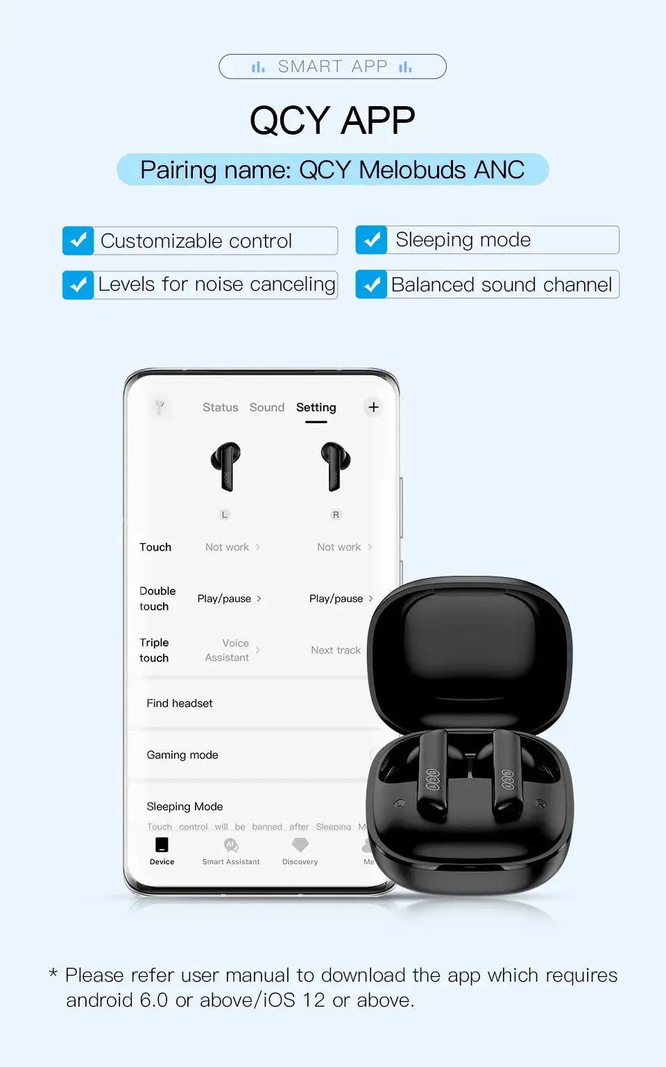 QCY HT05 ANC wireless earbuds in black charging case