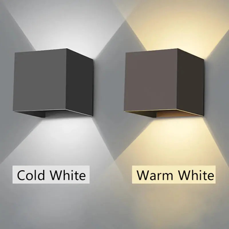 MARPOU LED wall lights, two cube fixtures, cold white left and warm white right on the wall.