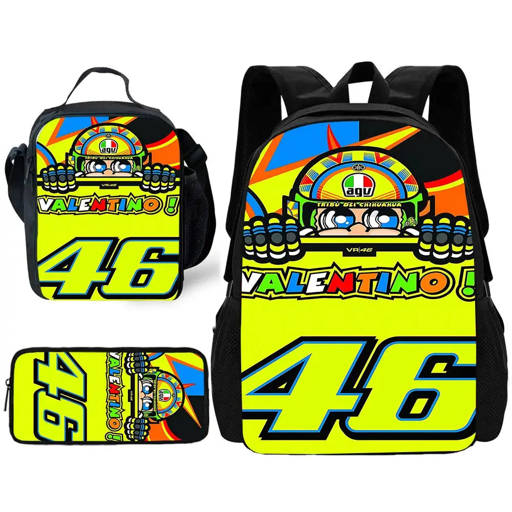 VR46 Valentino Rossi kids backpack set (3-piece) with lunch bag and pencil bag; neon yellow racing graphics