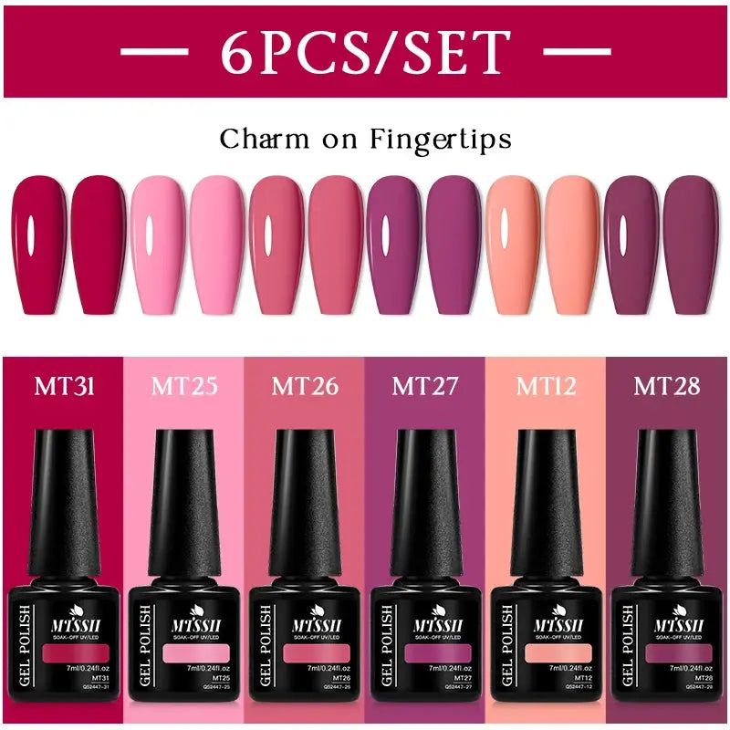 MTSS Gel Nail Polish Set, 6-piece assortment showing MT31, MT25, MT26, MT27, MT12, MT28 by Simples Market