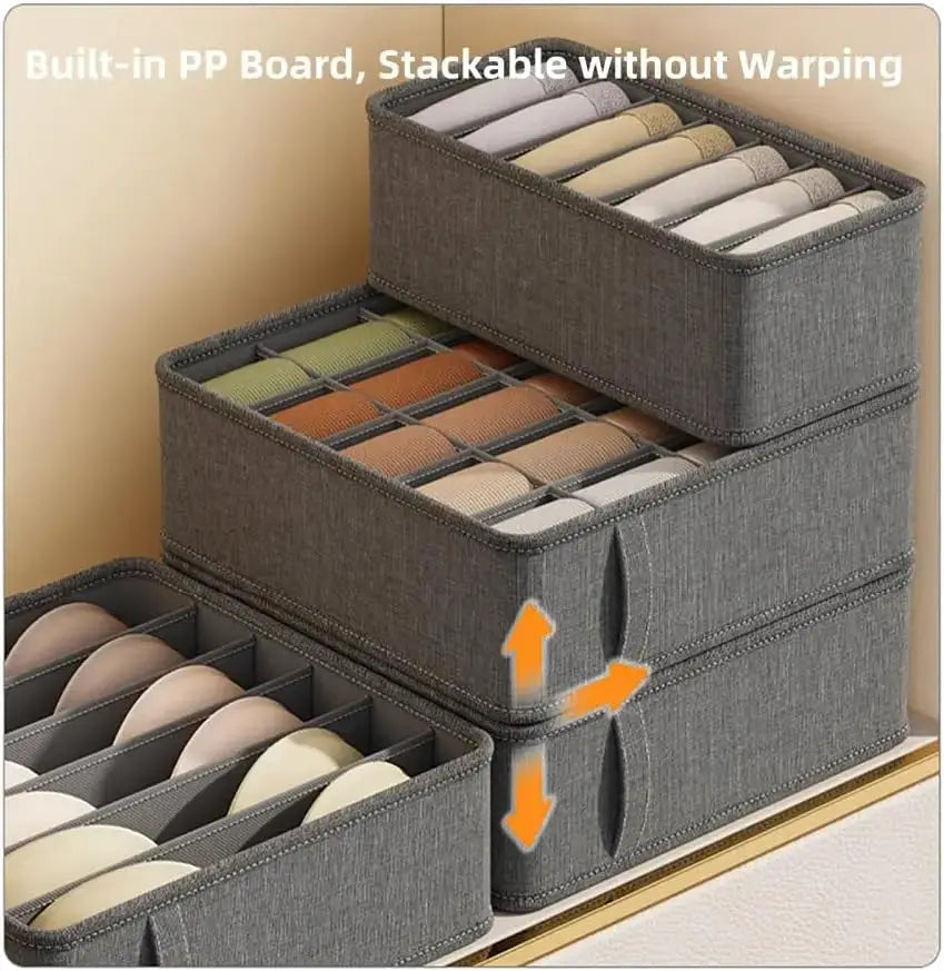 Set of three gray fabric closet underwear organizers; stackable drawers with built-in PP board