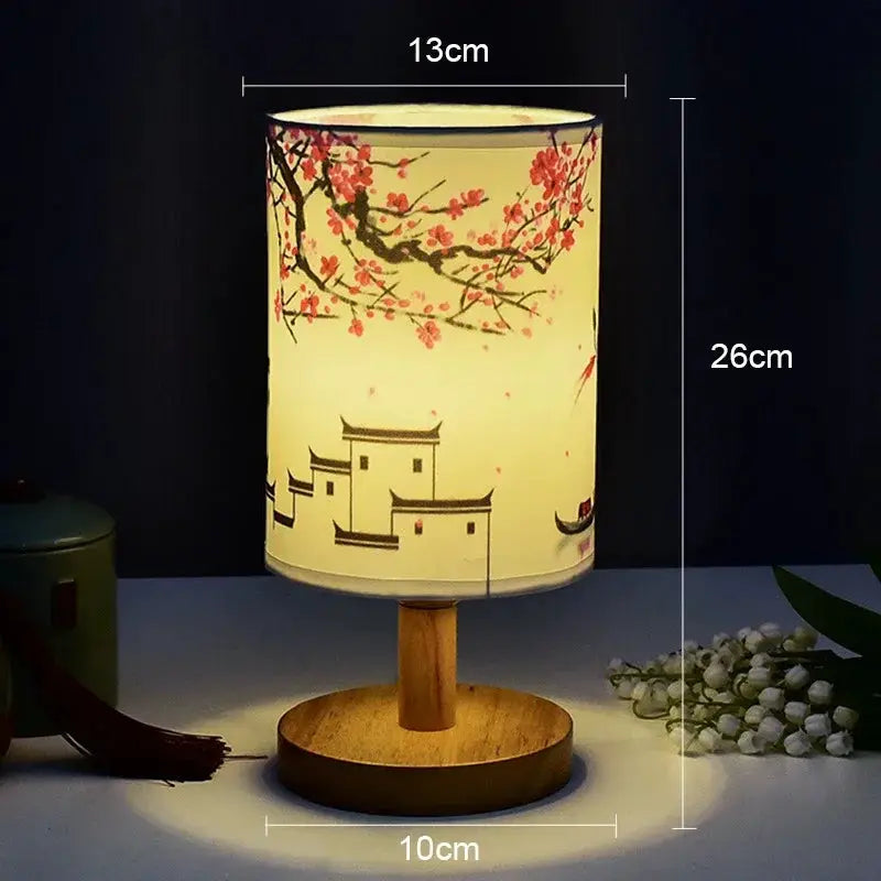 LED table lamp with Chinese-style plum-blossom fabric shade and wooden base, Simples Market, EU plug