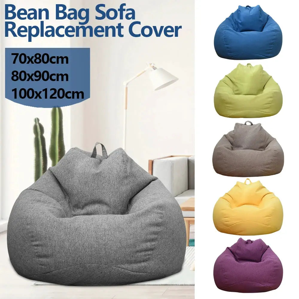 Six bean bag sofa replacement covers; gray main with blue, lime, taupe, yellow, purple options; sizes 70x80, 80x90, 100x120.
