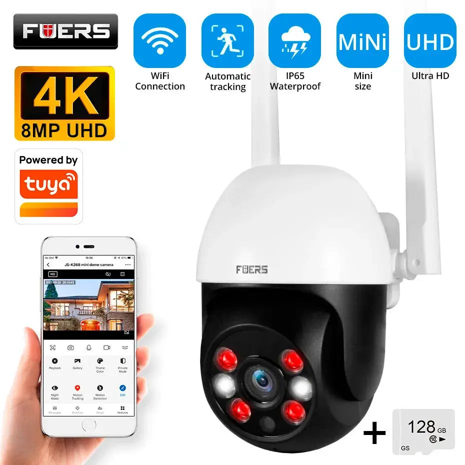 Fuers 8MP 4K security camera with AI human detection and auto-tracking; WiFi, Tuya-powered, white with 128GB microSD.