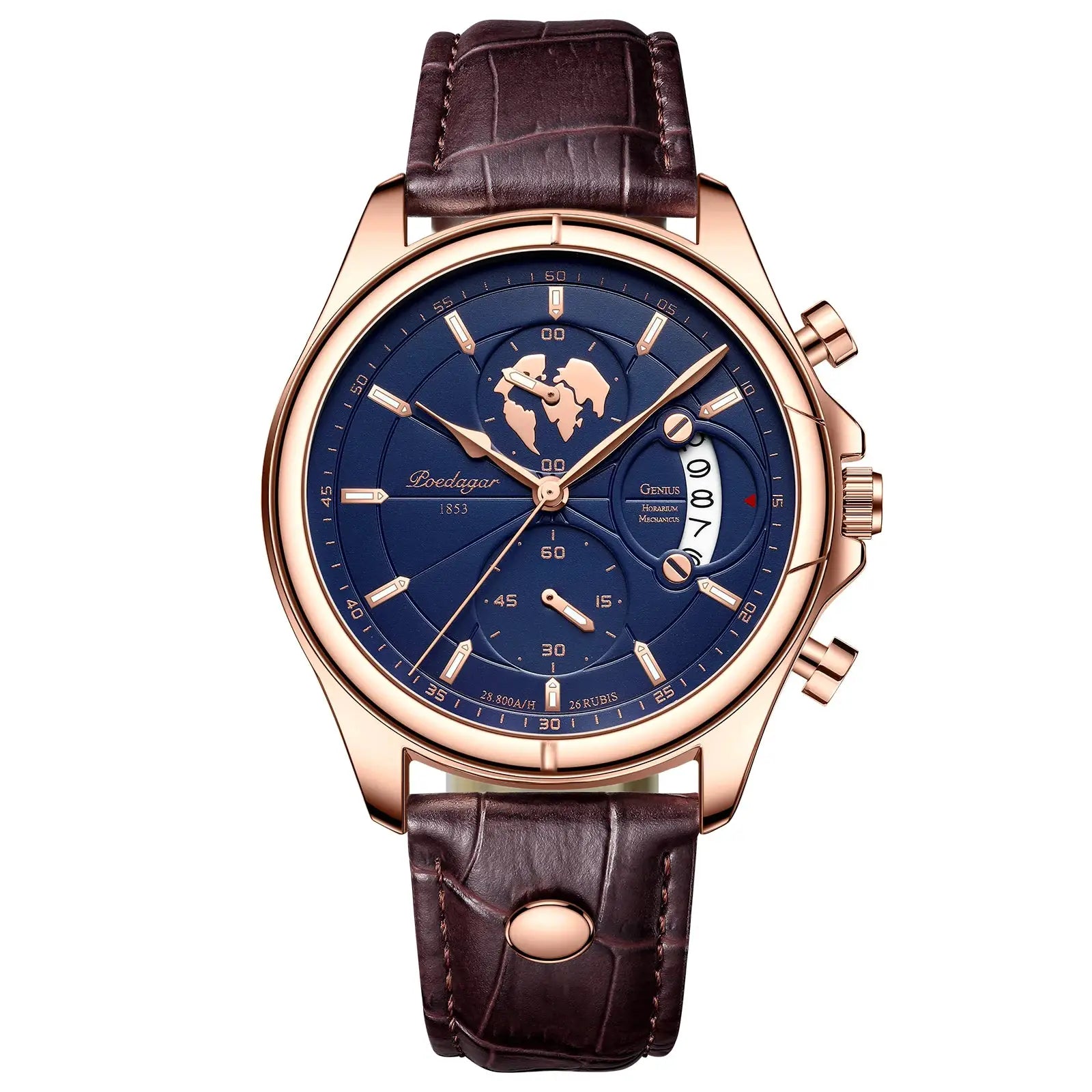 POEDAGAR men's chronograph watch with blue dial, rose-gold case and brown leather strap