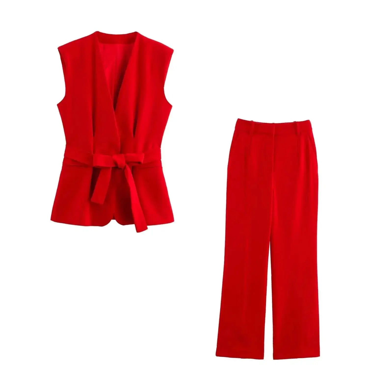 KONDALA red sleeveless blazer vest set with belt and high-waisted wide-leg pants