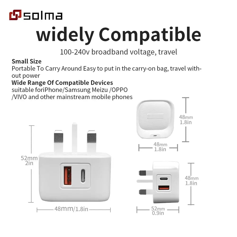 Solma PD USB Charger For Mobile Phones Fast Charge USB C Wall Adapter Portable Phone Charger